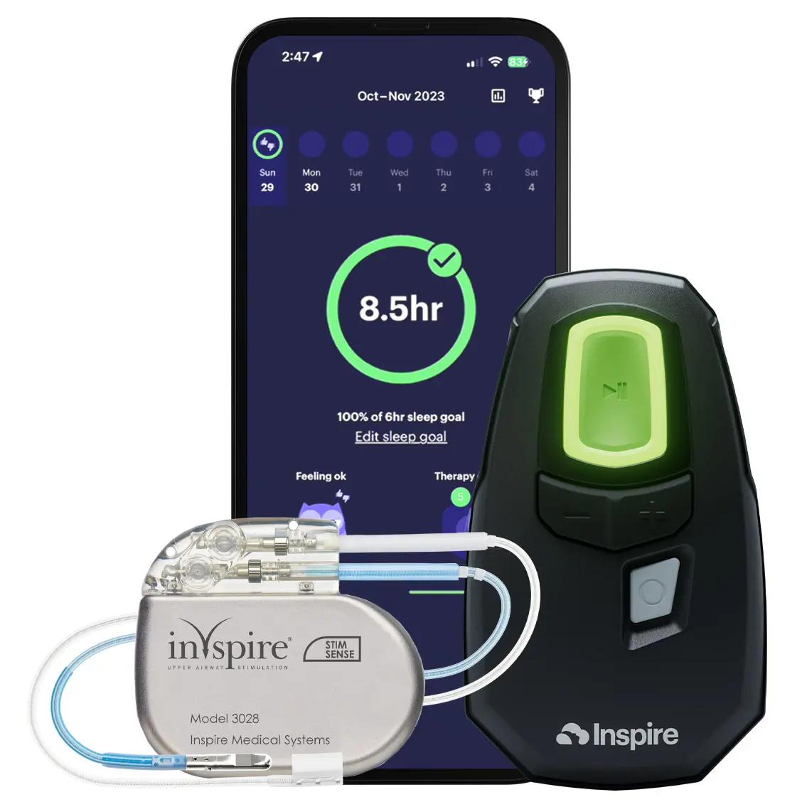 Image shows a smart phone, inspire therapy remote, and inspire therapy implant